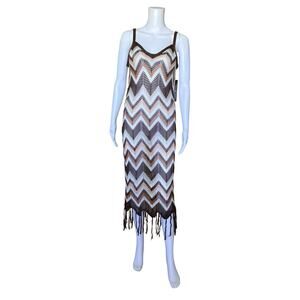 Almost Famous Womens Medium Sheer Crochet Fringe Chevron Maxi Dress Boho